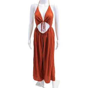 Omnia Womens Tie Front Sleeveless Peep Front Wide Leg Jumpsuit Rust Size M